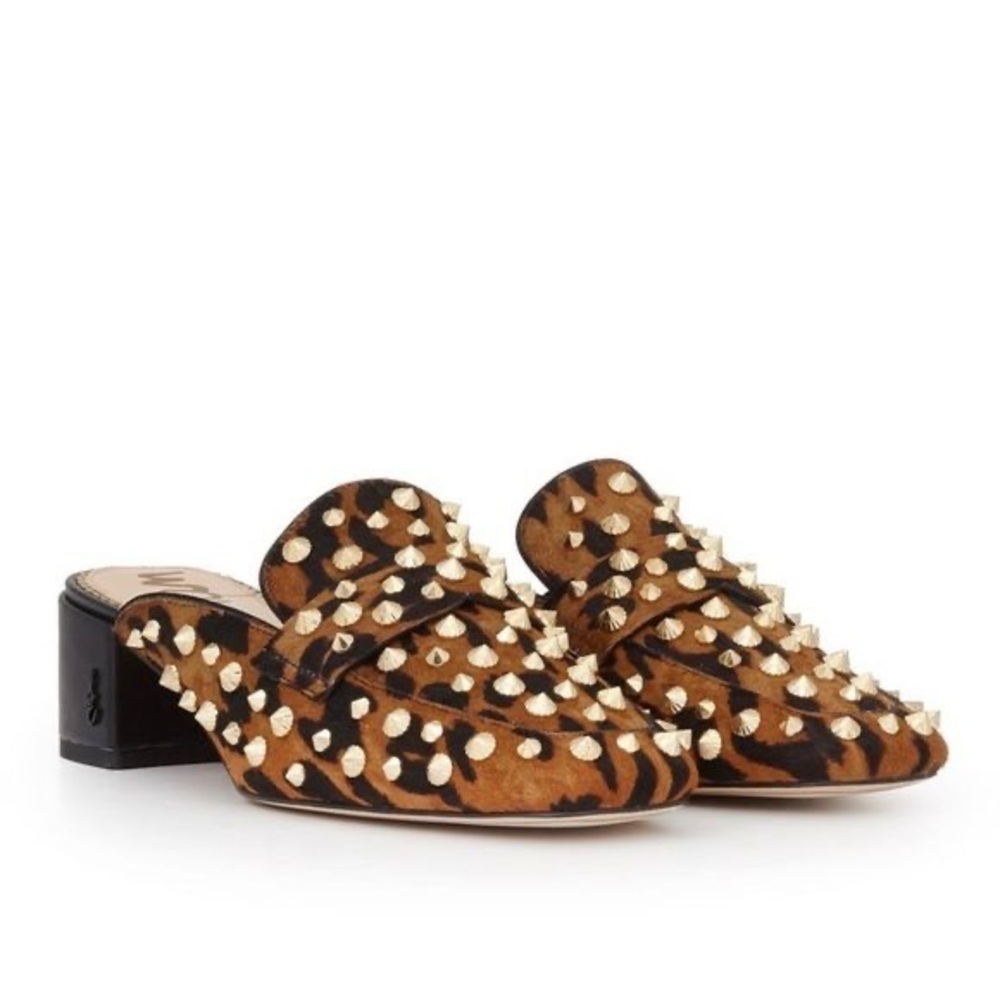 Sam Edelman Leopard Cheetah Print Gold Studded Mules 8
